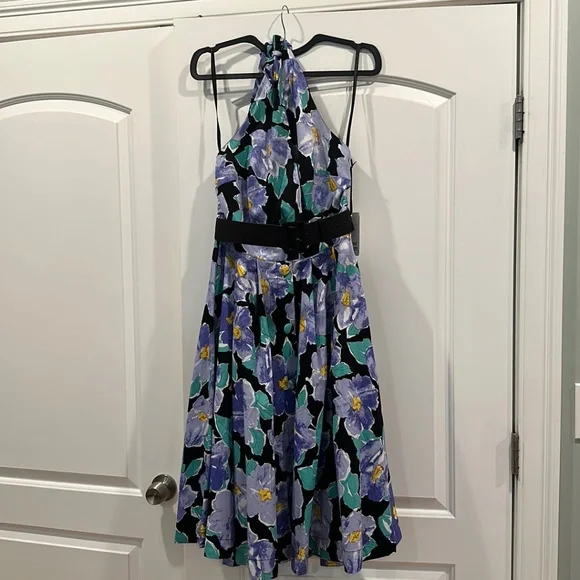 Unique Vintage Black & Lilac Floral Print Tarrytown Hostess Dress - L/10-12 - Picture 2 of 4